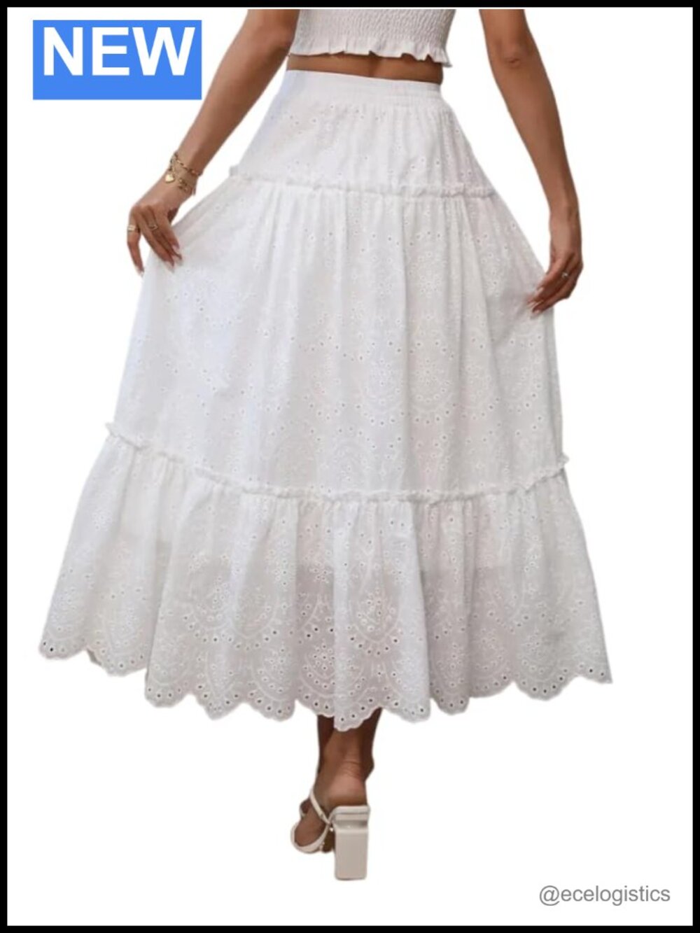 Women's Flowy Tiered Lace Eyelet A-Line Maxi Skirt Bohemian Beach